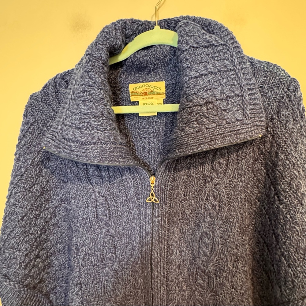 Aran Crafts Blue Cable Knit 100% Merino Wool Zip Front Poncho XXS (oversized) - Picture 6 of 11